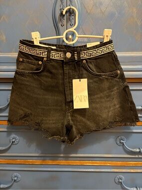 Zara Black Distressed Denim Shorts with Vintage Greek Ribbon Waistband Retro
